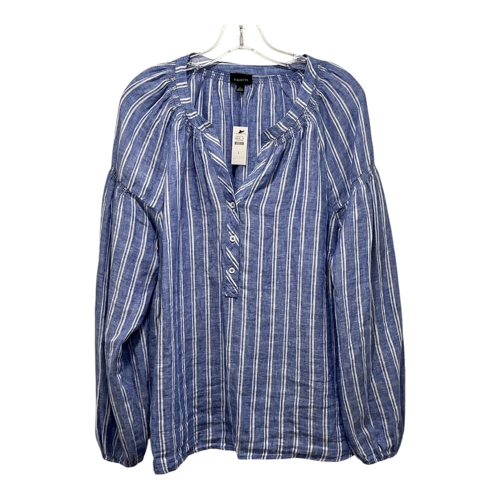 Talbots NEW Linen Stripe Blouse Women's Large Blue White Henley Balloon Sleeve